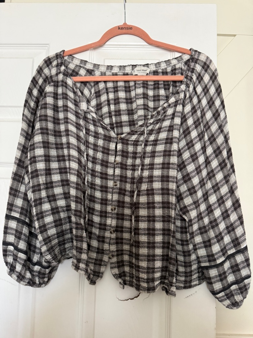 Lucky Brand Black & White Plaid Button-Front Peasant Top